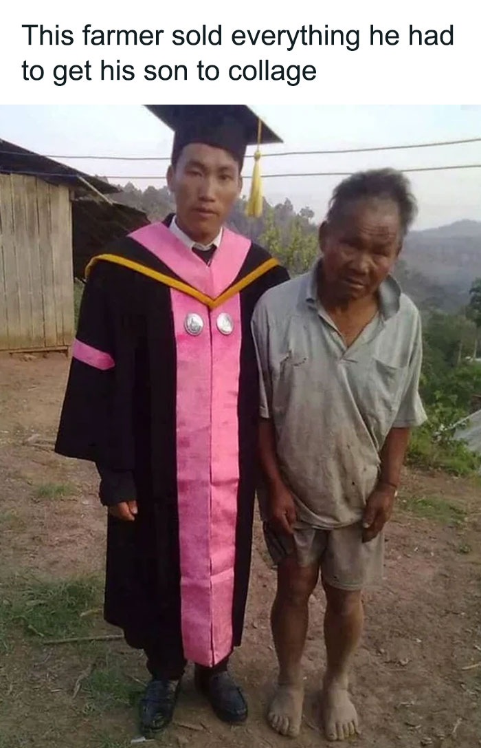 An unhinged meme of a farmer and his son in graduation attire, a poignant and cringe reflection.