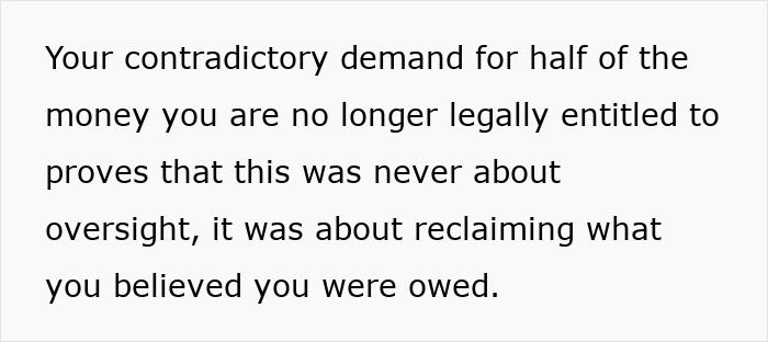 Text about mom demanding half of her son's long-lost $6K money, proving it was about claiming what she was owed. Text about mom demanding half of her son's long-lost $6K money, proving it was about claiming what she was owed.