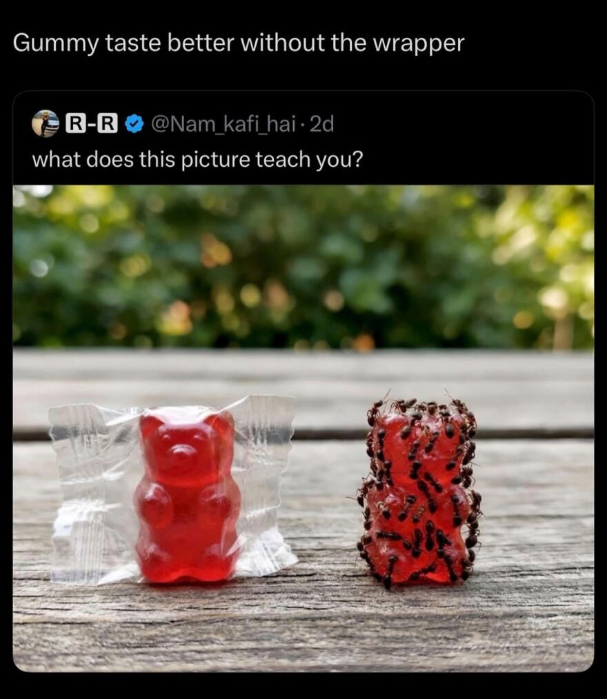 A hilariously unhinged screenshot comparing two gummy bears, one in a wrapper and one covered in ants, captioned, Gummy taste better without the wrapper.