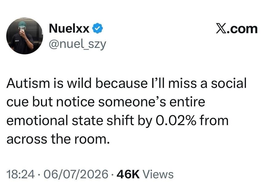 A tweet about autistic people missing social cues but noticing subtle emotional shifts, showing empathy and perception.