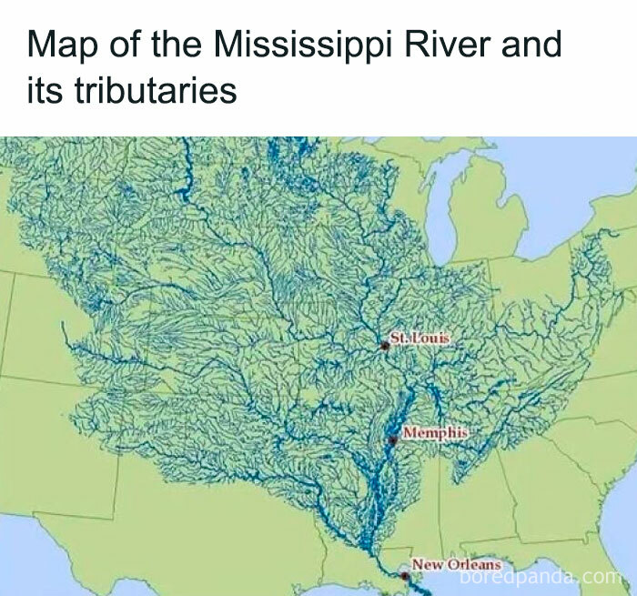A detailed map illustrating the Mississippi River and its tributaries, showcasing the geography of the river system.