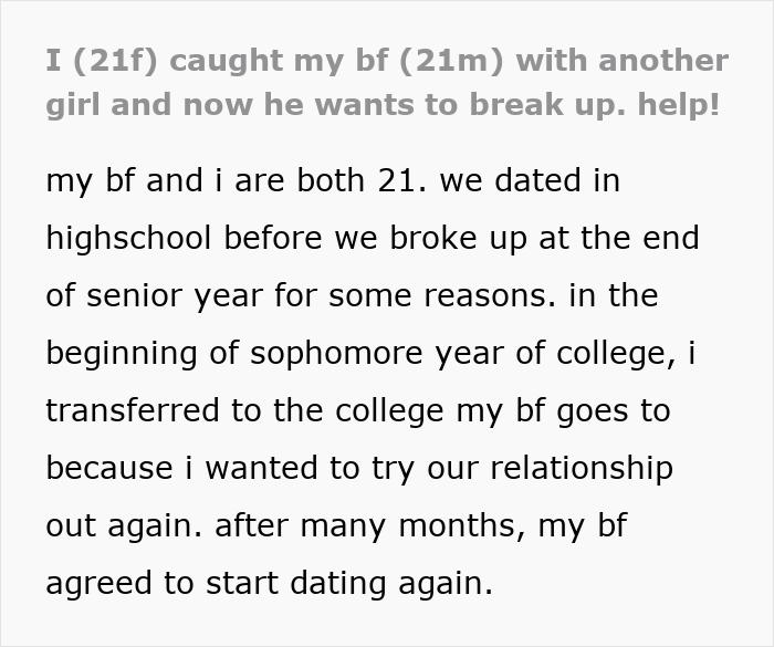 Screenshot of text detailing a woman catching her cheating ex with another girl and wanting to break up.