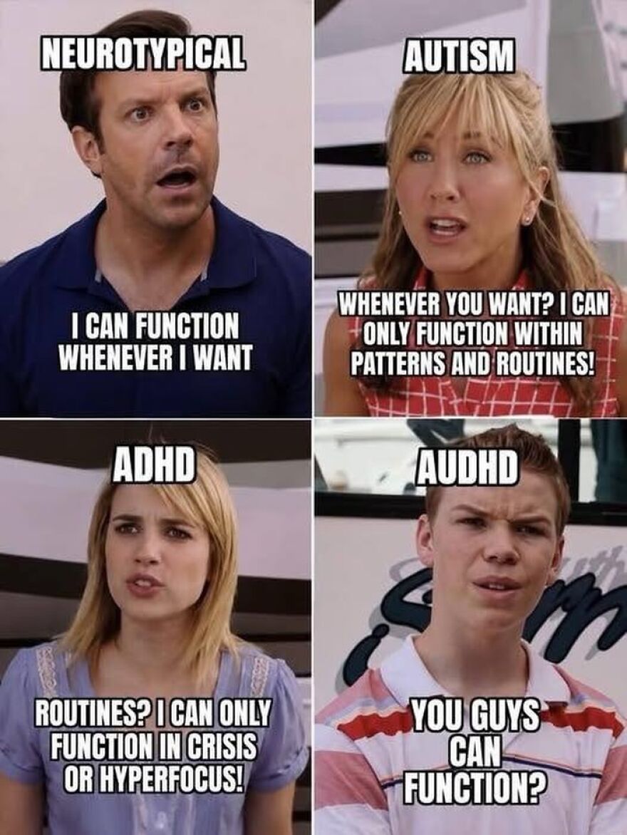 A four-panel meme contrasting how neurotypical, autistic, ADHD, and AUDHD people function, highlighting unique challenges.