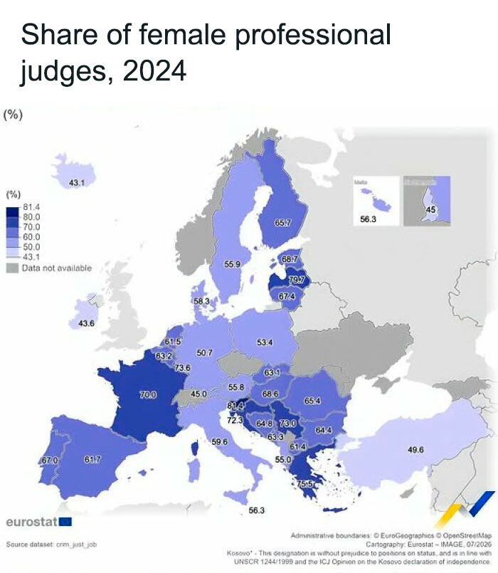 A map depicting the share of female professional judges in Europe, illustrating the varying percentages across different countries in this geography.