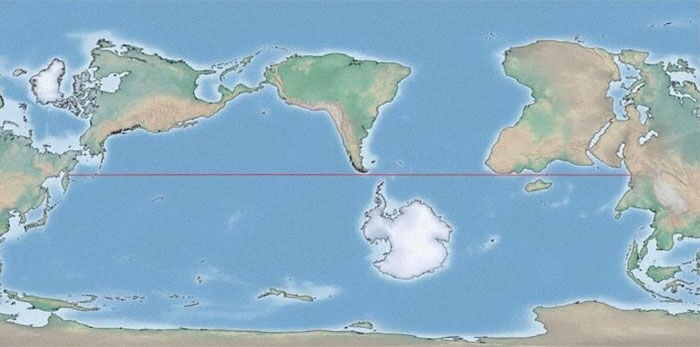A brilliant map of the world with a red line across the Pacific Ocean, proving geography is cool.