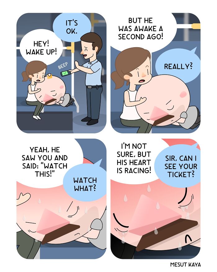 A silly comic by Mesut Kaya about a man pretending to be asleep to avoid a ticket checker on a bus.