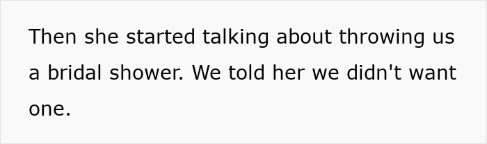 Text snippet: MIL suggested a bridal shower, which the couple declined, intensifying the childfree wedding family feud. Text snippet: MIL suggested a bridal shower, which the couple declined, intensifying the childfree wedding family feud.
