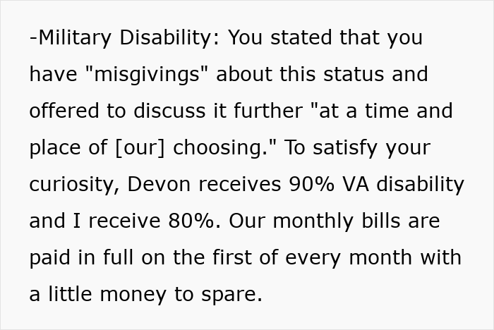 Text discussing military disability and how the son receives 90% VA disability, related to the mom's $6K claim. Text discussing military disability and how the son receives 90% VA disability, related to the mom's $6K claim.