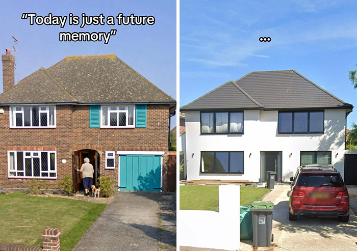 Houses then and now: a brick house with blue shutters transformed into a white, minimalist modern home.