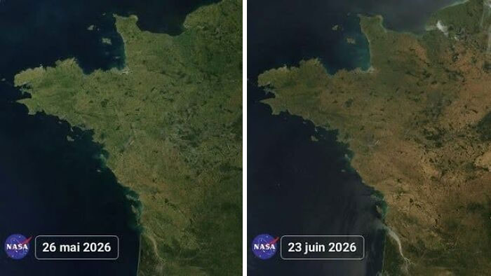 A satellite map of France showing geographical changes between May 26, 2026, and June 23, 2026, highlighting the geography.