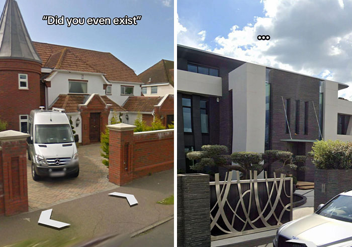 Before and after houses: a traditional home with a turret replaced by a striking, contemporary design.
