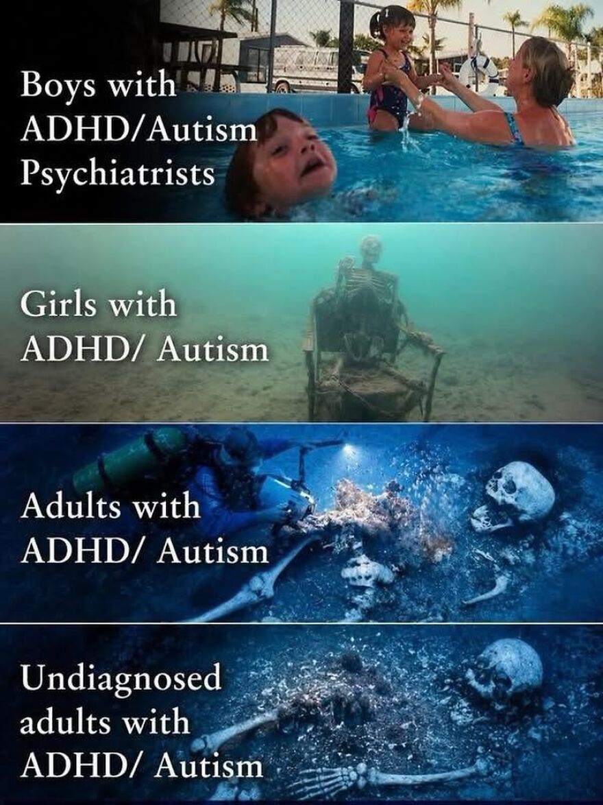 A multi-panel meme illustrating the varied experiences and struggles of boys, girls, adults, and undiagnosed adults with ADHD/autism.