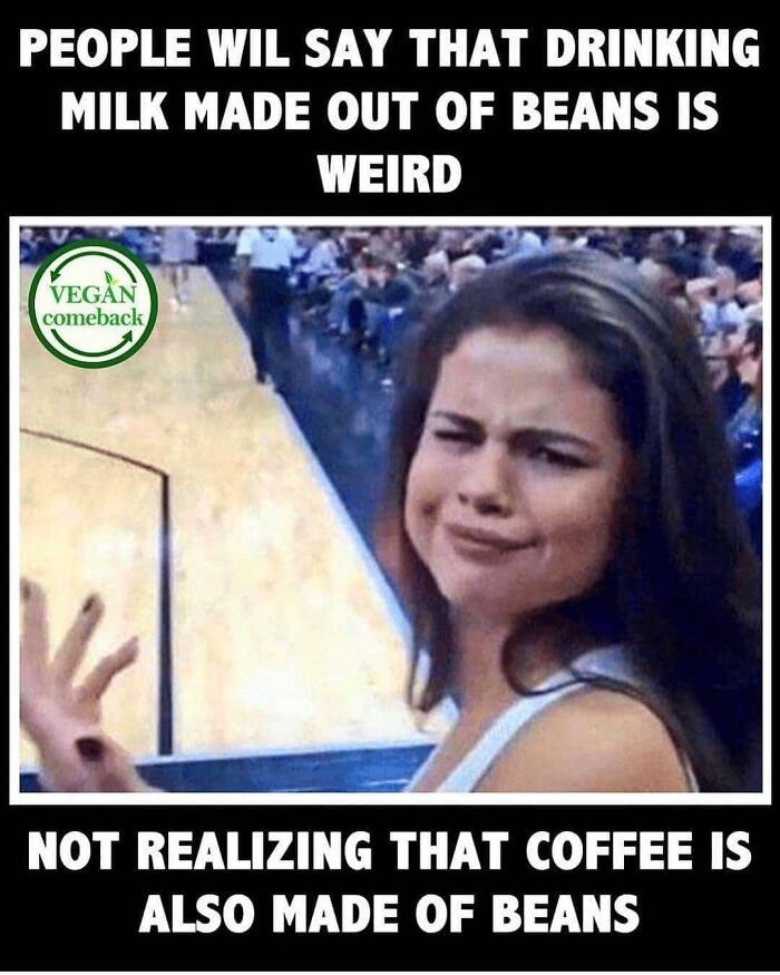 A hilarious meme of a woman making a confused face, questioning why bean milk is weird when coffee is also made from beans for vegans.