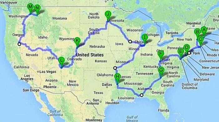 A detailed geography map of a brilliant cross-country US road trip, highlighting various states and cities along the route.