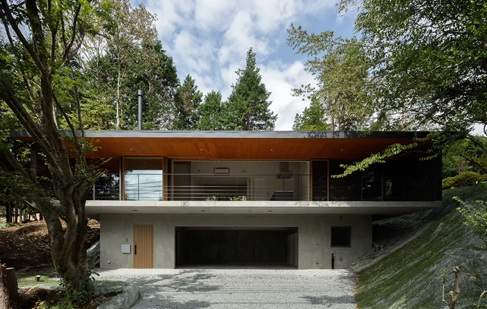 Modern architecture design featuring a minimalist home nestled amongst lush green trees, showcasing beautiful modern design.