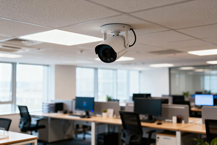Security camera in a modern office, monitoring for a rejected coworker's disgusting acts. Security camera in a modern office, monitoring for a rejected coworker's disgusting acts.