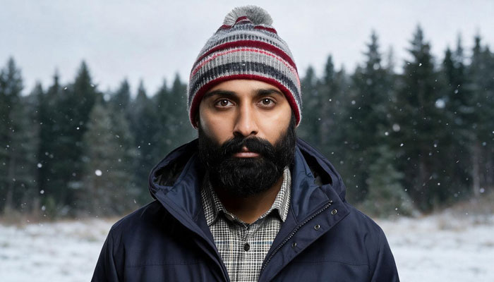 A man in a winter hat and jacket, standing in a snowy forest, part of an Arctic tour story. A man in a winter hat and jacket, standing in a snowy forest, part of an Arctic tour story.