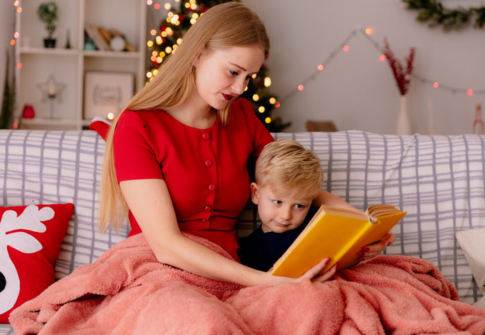 A man's nephew is shown with his mother, who reads him a book after punching the baby daughter. Man punishes nephew.