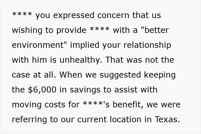 Text discussing mom tracking son's $6K and a $3K finder's fee, mentioning savings for moving costs in Texas. Text discussing mom tracking son's $6K and a $3K finder's fee, mentioning savings for moving costs in Texas.