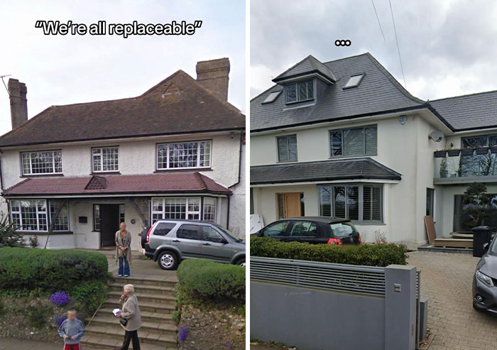 Then and now houses: a classic home updated with modern extensions and a darker roof, showcasing significant changes.