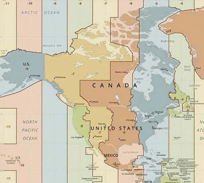 A detailed map illustrating the different time zones across North America, showcasing cool geography.