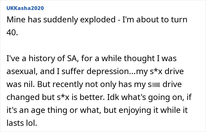 A social media comment discussing libido confession, a sudden libido increase at 40, and doctor's perspective.