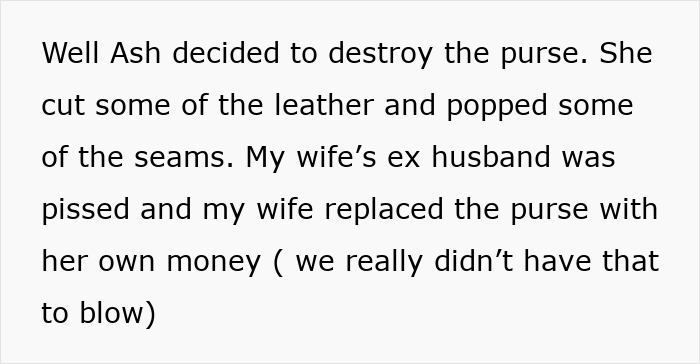 A text describing a jealous stepsister destroying a designer purse, prompting her dad to make her pay it back. A text describing a jealous stepsister destroying a designer purse, prompting her dad to make her pay it back.