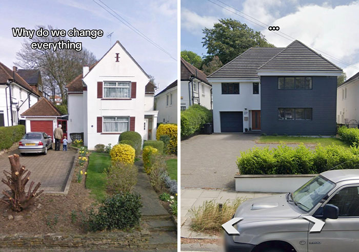 Split image of houses then vs now, depicting a traditional house replaced by a boxy, dark-colored modern house, making the internet mad.