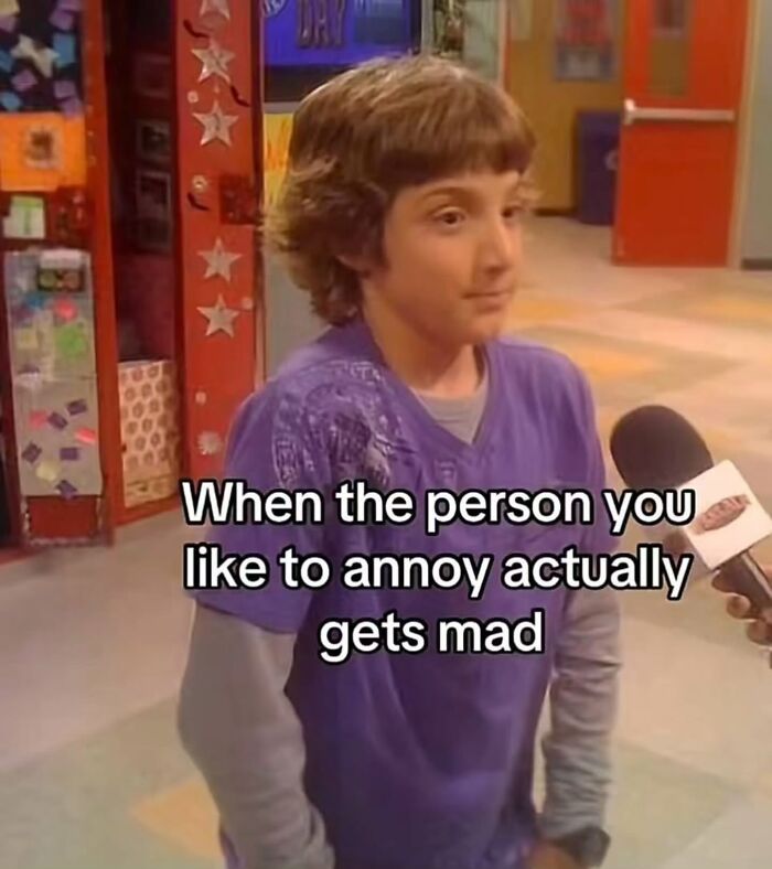 A relatable meme of a young person being interviewed, showing their reaction when someone they annoy gets mad.