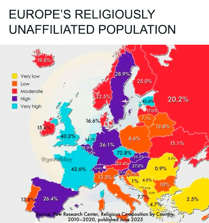 A bizarre map displaying Europe's religiously unaffiliated population by country, a brilliant geography insight.