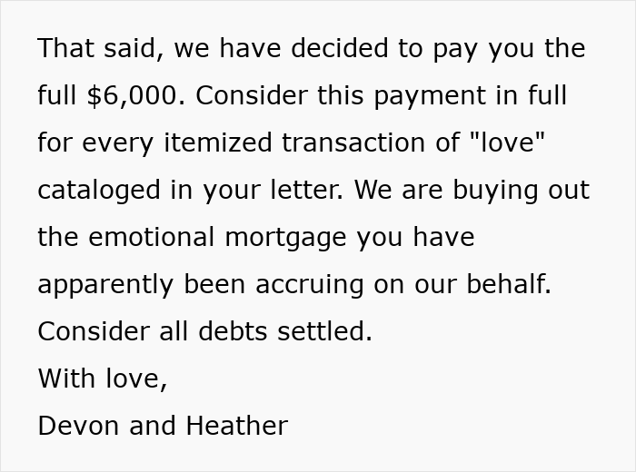 Text snippet stating the full $6,000 payment for the son's long-lost money. Text snippet stating the full $6,000 payment for the son's long-lost money.