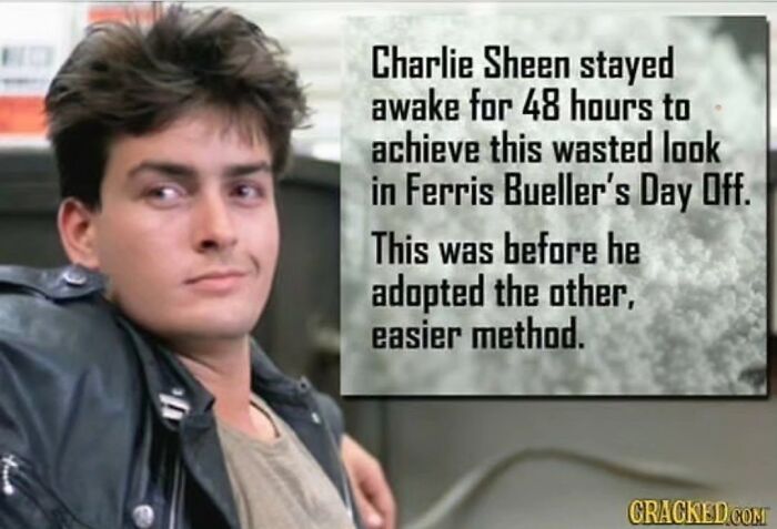 Charlie Sheen in a meme about superior decades of the 80s and 90s film, Ferris Buellers Day Off.