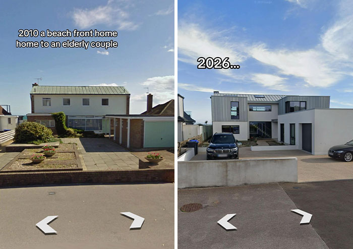 Then vs. now pics of houses: a beach-front home evolving from a modest dwelling to a sleek, modern residence.