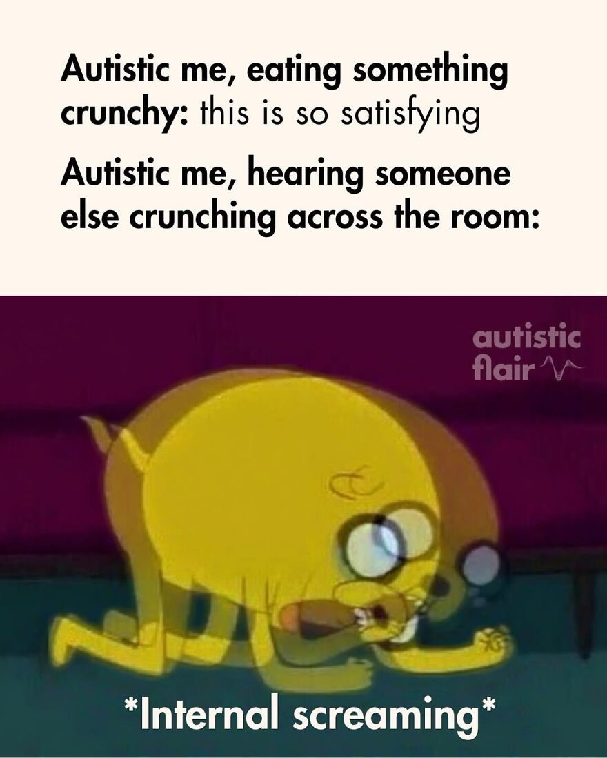 An illustration of a cartoon character in distress, representing the sensory overload autistic people experience from crunchy sounds.