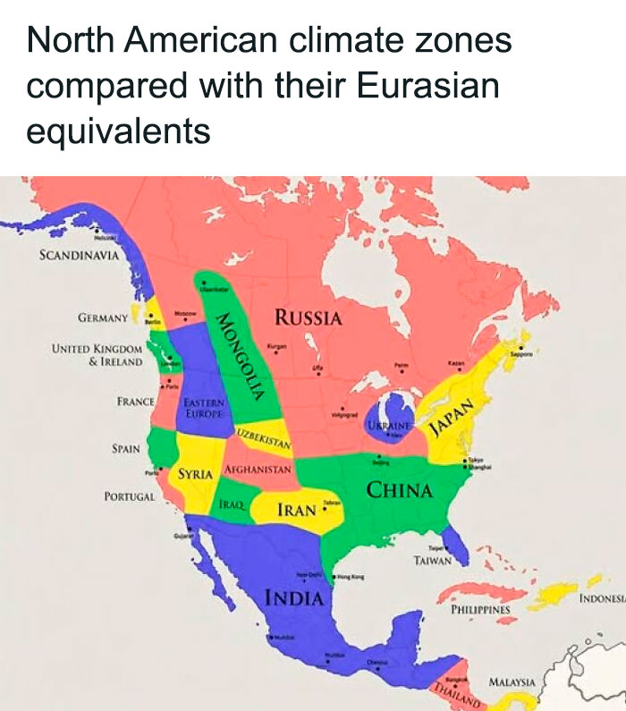 A brilliant map of North American climate zones compared to Eurasian equivalents, proving geography is cool.