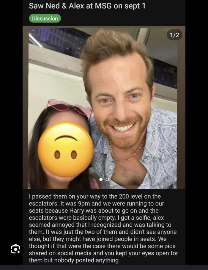 A screenshot with a man smiling for a selfie and a blurred face, detailing a moment someone asked a celebrity for a photo.