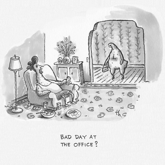 A single-panel cartoon by Tim Haggerty showing a messy living room and a tired person returning home. This cartoon displays sharp humor.