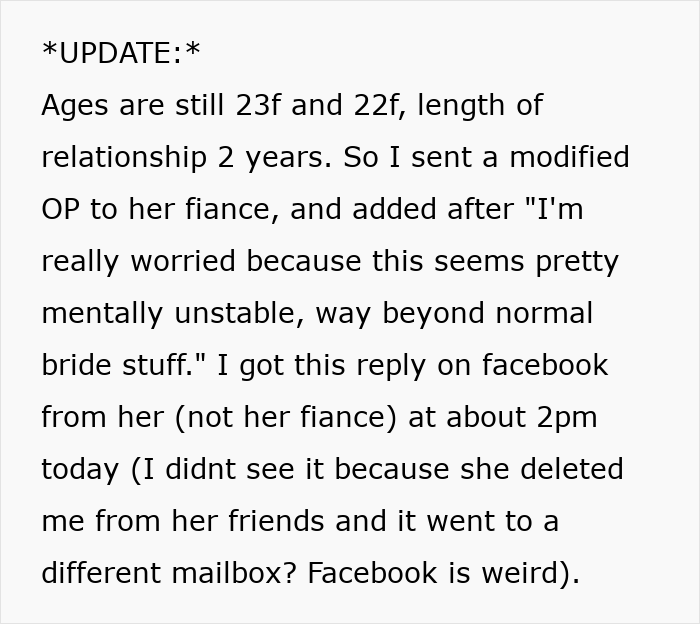 A screenshot of text about a bride's reply to concerns about her wedding violin request.
