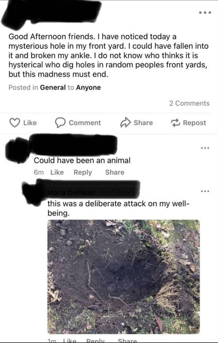 Elderly people online: A social media post from an elderly person complaining about a mysterious hole in their front yard.