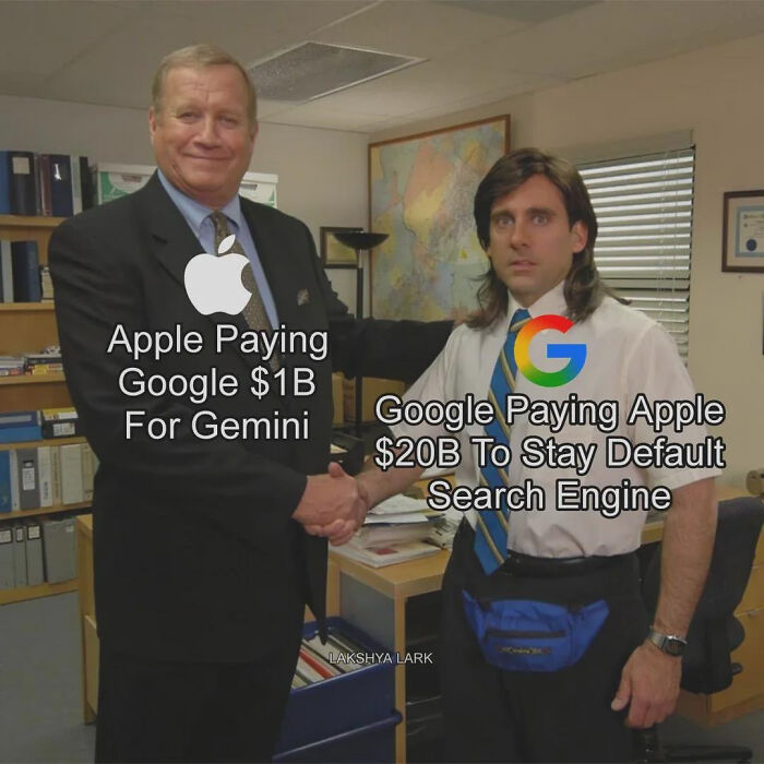 Funny AI meme with two men shaking hands, representing Apple and Google and AI deals.