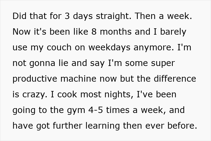 Text snippet describing the long-term positive changes from a simple trick, including cooking, regular gym visits, and further learning, highlighting the difference.