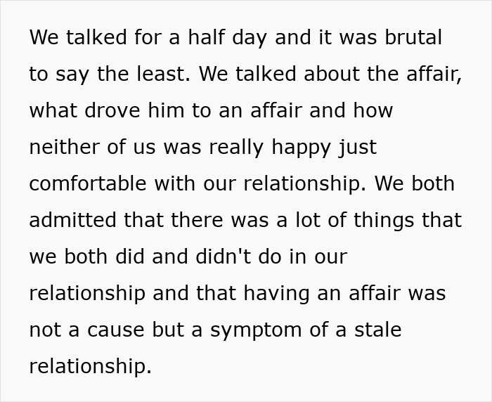 Screenshot of text: discussing an affair, acknowledging that it was a symptom of a stale relationship. Screenshot of text: discussing an affair, acknowledging that it was a symptom of a stale relationship.