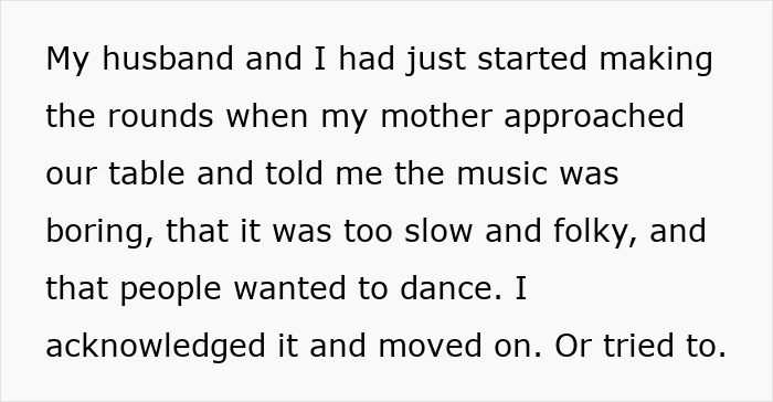 Mom taking over daughter's wedding dance floor by complaining about the music.