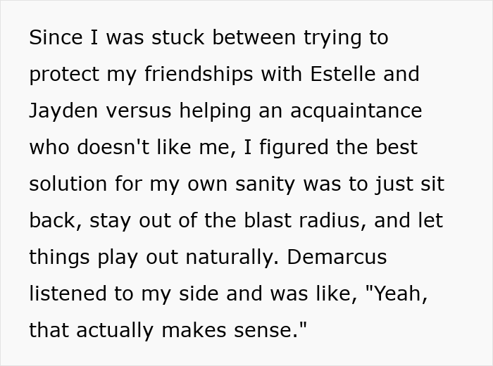 Text detailing a guy's dilemma: protect friendships or help an acquaintance, choosing to stay out of cheating GF drama.
