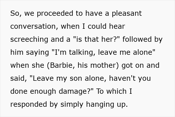 The woman describes her ex's mother interrupting their call, illustrating the future mother-in-law drama.