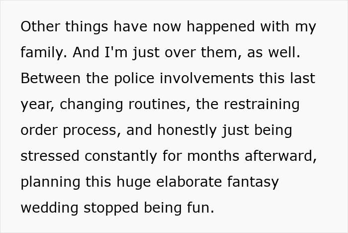 Text detailing a scary fixation over a groom, police involvement, restraining orders, and wedding planning no longer fun.