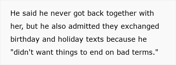 Text about a woman rethinking her engagement, detailing her fianc&eacute;'s backup plan and communication with an ex.