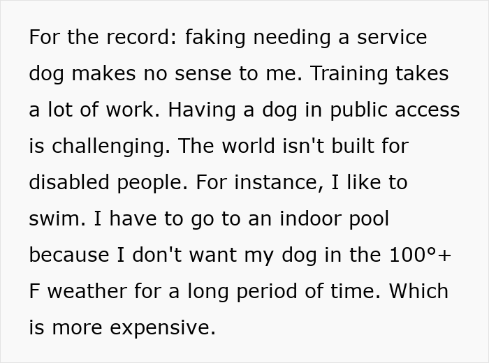 Text explaining why faking needing a service dog makes no sense, referencing training and public access challenges.