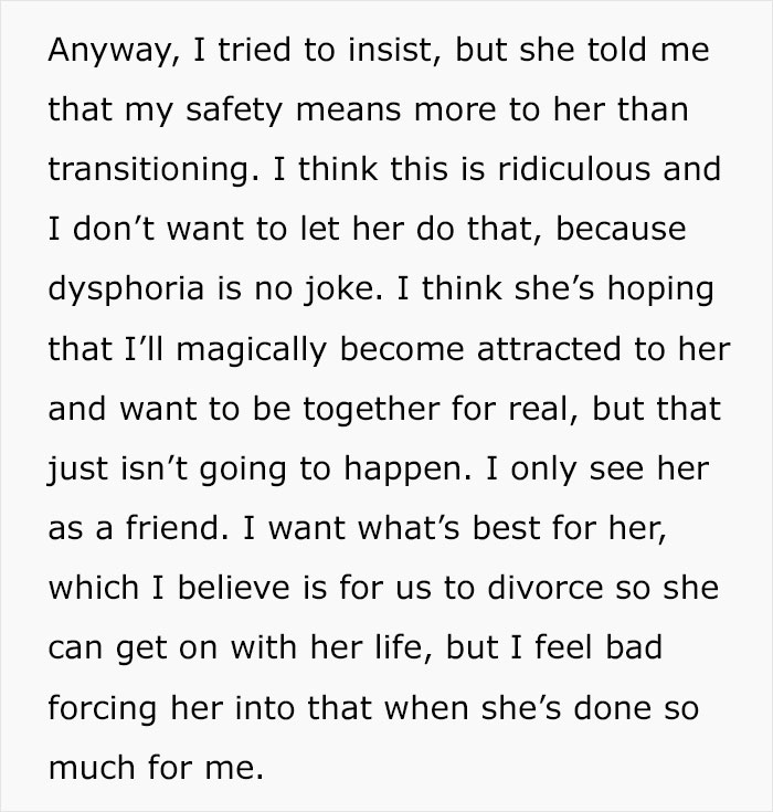 Text on a woman's insistence on divorce for her husband's transition, despite her hidden lesbian identity and his protective stance. Text on a woman's insistence on divorce for her husband's transition, despite her hidden lesbian identity and his protective stance.
