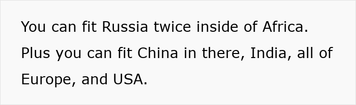 Text overlay explaining that Russia fits twice inside Africa, along with China, India, Europe, and USA, regarding continent scale.